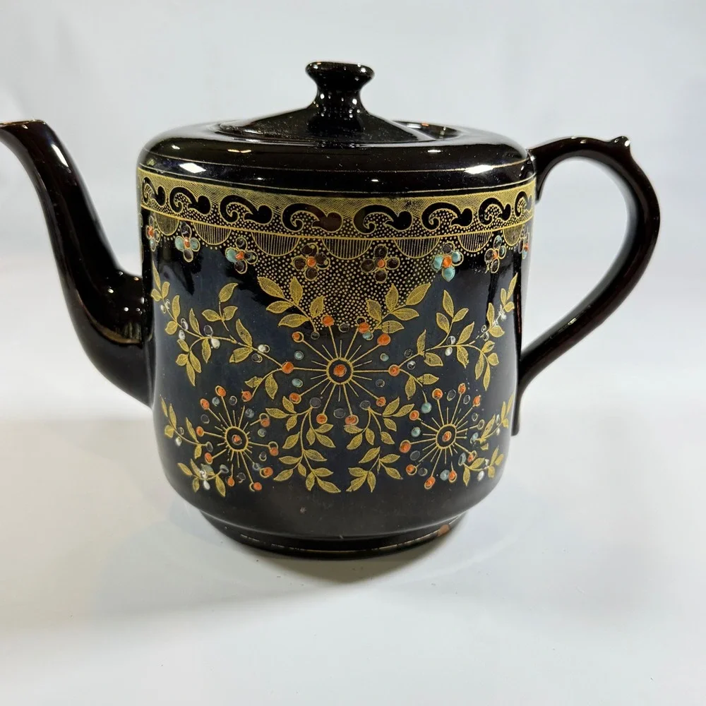VTG Lingard Webster &‎ Co Teapot Tunstall England Black Gold Floral Chinoiserie